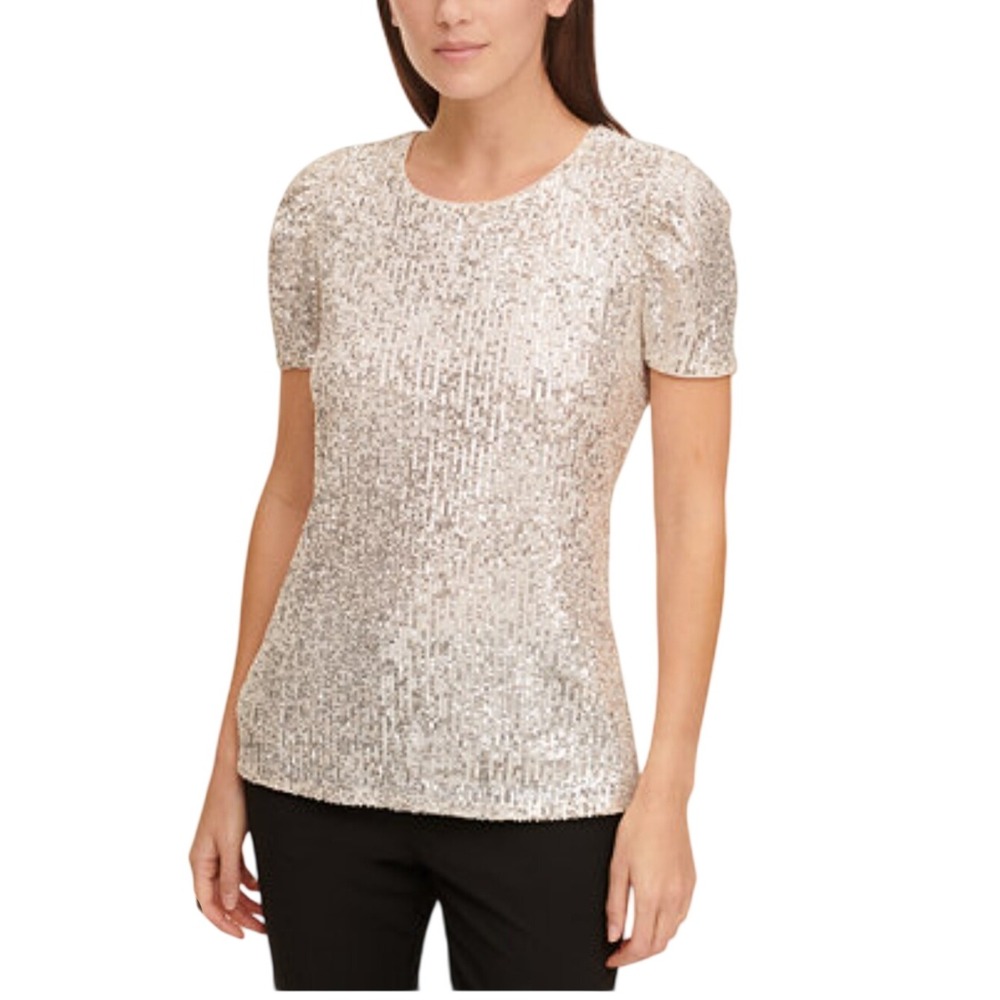 DKNY Women's Sequin Puff Sleeve Top Champagne Gold Round Neck Keyhole Closure‎ S